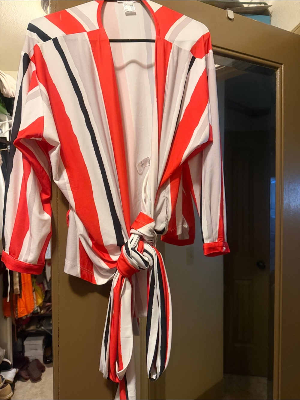 VENUS Red, White and Navy Striped Tie-Front Tunic